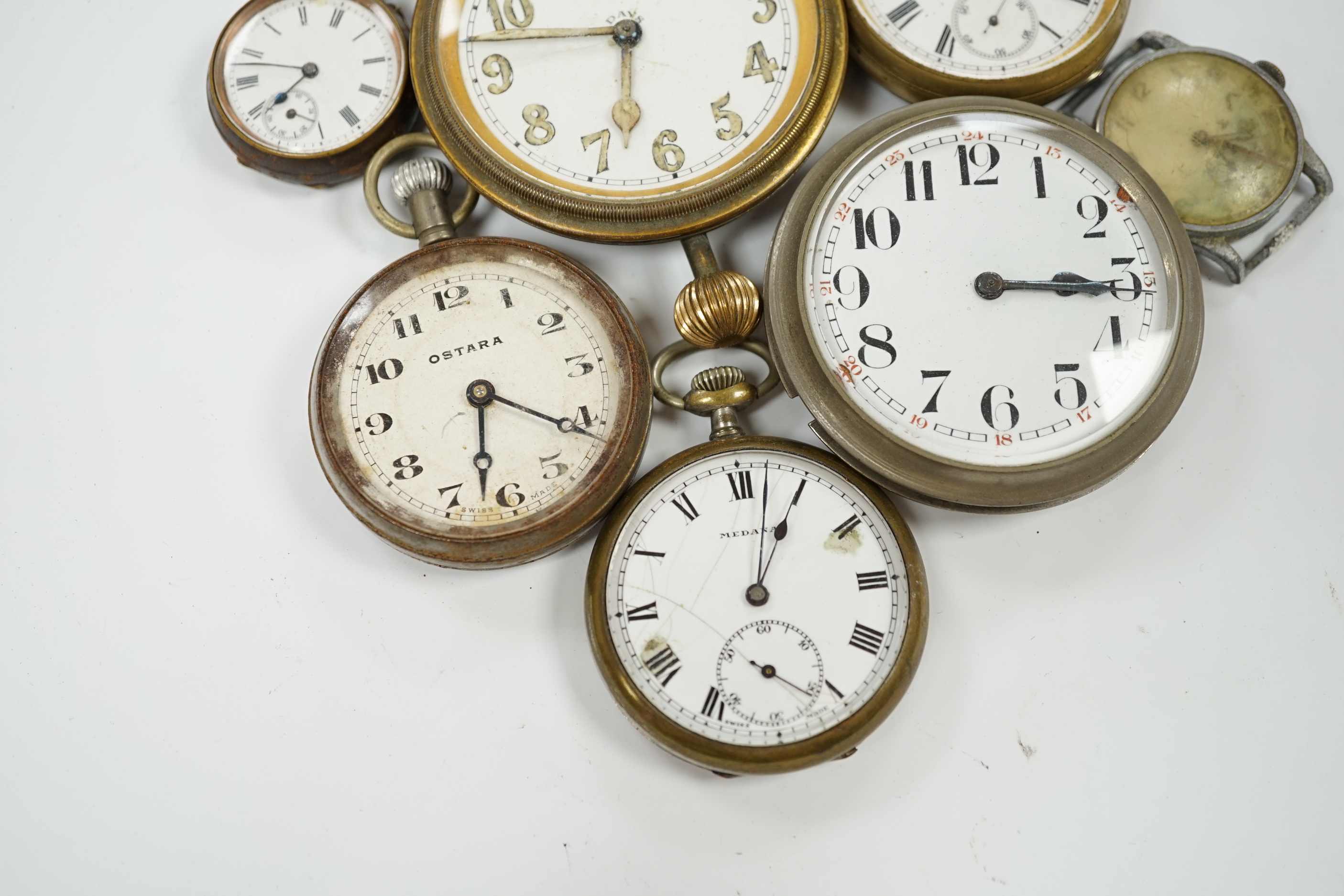Seven assorted base metal timepieces including Ostara and Medana.